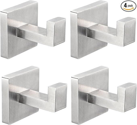 IBosins 4 Pack Towel Hooks Hand Towel Holder for Bathroom Wall Livingroom Bedroom Kitchen Closet Heavy Duty Stainless Steel Hook Hanger for Robe, Bath Towel, Coat (Square Brushed Silver) - ModernBath