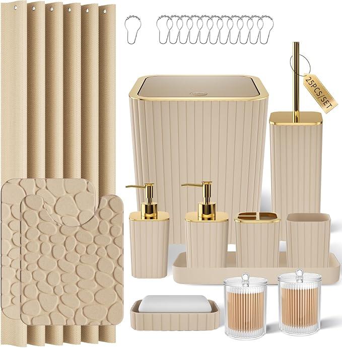 XLHOMO Bathroom Accessories Set - 25PC Bathroom Sets with Shower Curtain and Rugs, Beige Bathroom Accessories with Trash Can, Soap Dispenser, Soap Dish & Toilet Brush - ModernBath