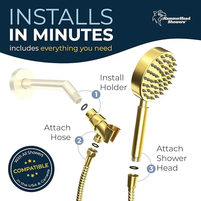 HammerHead Showers® Solid Metal LOW FLOW Handheld Shower Head with Hose and Brass Holder - POLISHED BRASS – Water Saving 1.75 GPM Detachable Shower Head - Adjustable Shower Wand Bracket & 6ft Hose - ModernBath