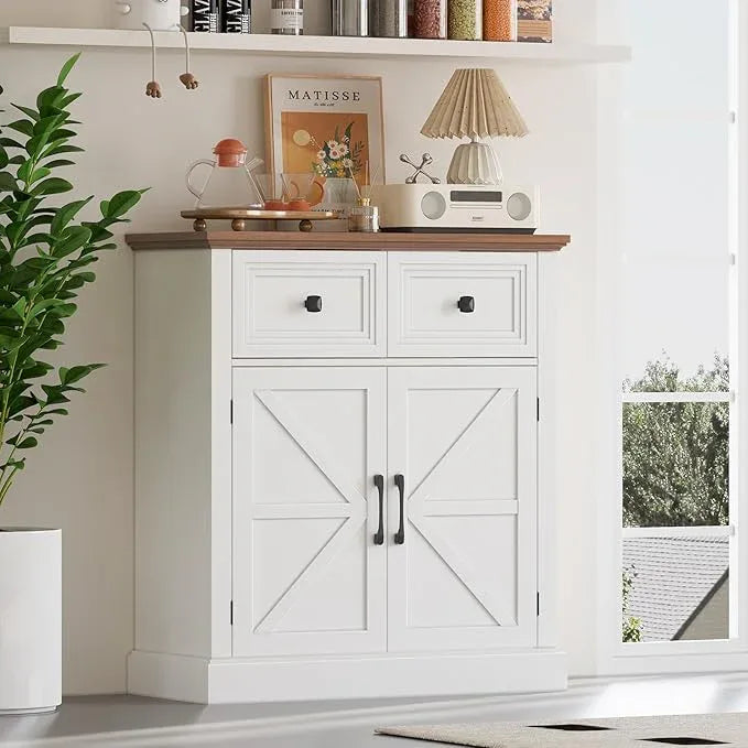 Vabches Farmhouse Buffet Sideboard with Drawers, Wood Pantry Cabinet with Storage, Rustic Storage Cabinet with Adjutable Shelf and Barn Door for Kitchen, Dining Room, Living Room, White - ModernBath