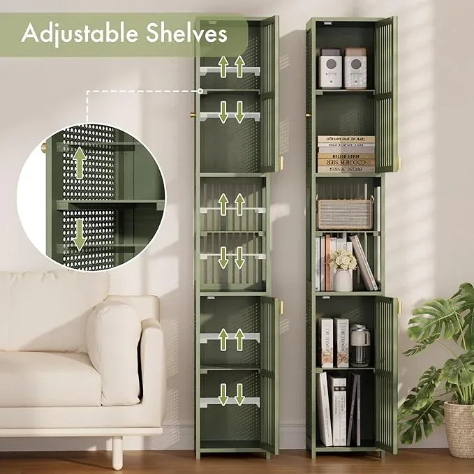 Amazer 70'' Tall Bathroom Storage Cabinet Bamboo, Slim Storage Cabinet with Rattan Door and Adjustable Shelves, Narrow Freestanding Organizer for Living Room Kitchen, Forest Green - ModernBath