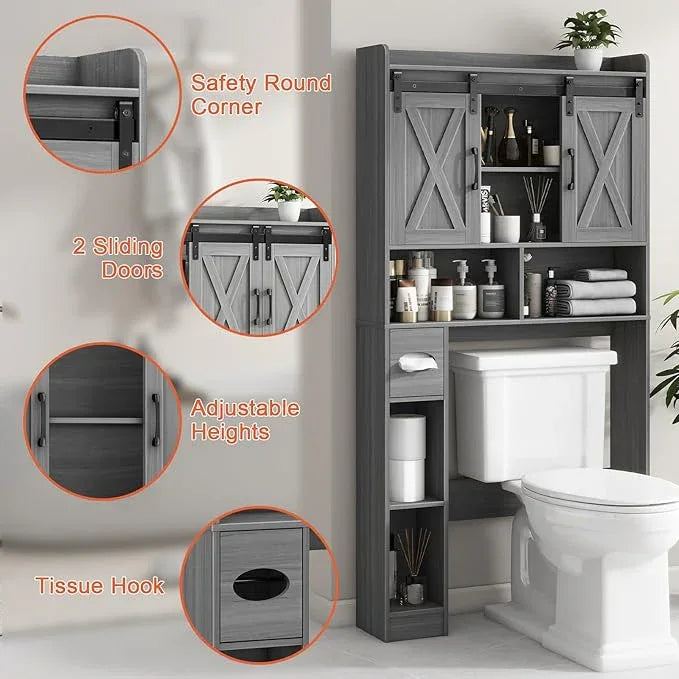 Farmhouse Over The Toilet Storage Cabinet with Sliding Door & Toilet Paper Holder Stand, Space-Saving for Bathroom & Restroom, Wash Grey - ModernBath