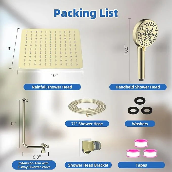 All Metal Shower Head, 10" High Pressure Rainfall/Handheld Shower Combo with 11" Extension Arm, 10-Spray Handheld Showerhead, 71" Long Hose, 3-Way Diverter Valve, Shiny Gold - ModernBath