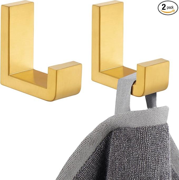 APLusee L Shape Bath Towel Hook 2 Pack, 304 Stainless Steel Coat Holder, Wall Mounted Storage Hanger for Bathroom Kitchen, Brushed Gold - ModernBath