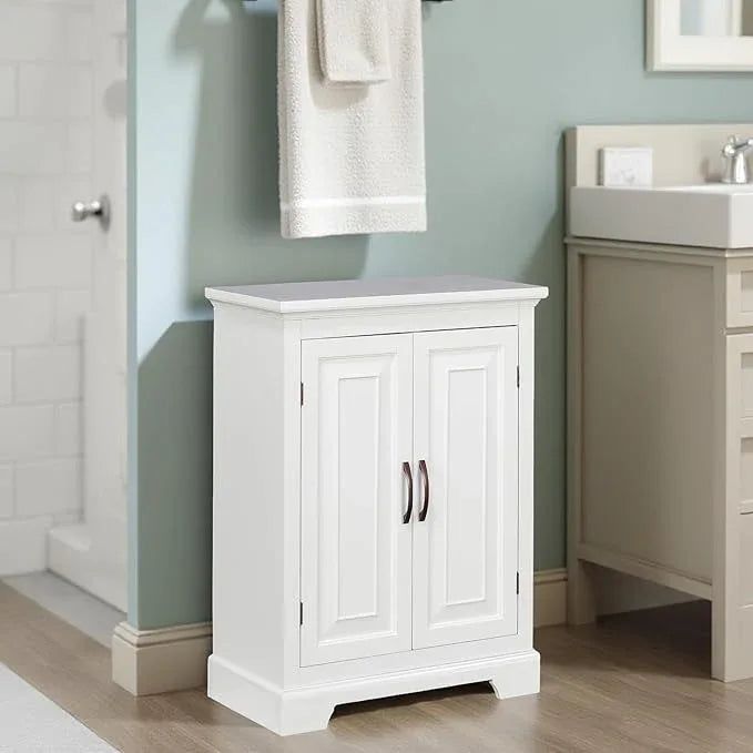 Teamson Home St. James Freestanding Floor Cabinet Bathroom Living Room Storage Organizer with 2 Doors 2 Adjustable Inner Shelves, White - ModernBath