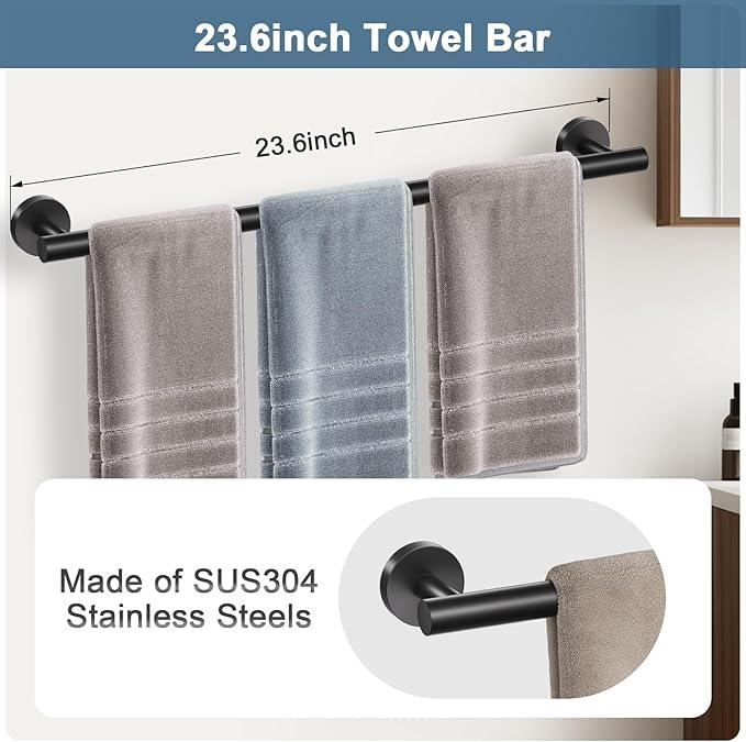 Matte Black Bathroom Hardware Set, 5 Pieces Black Towel Bar Bathroom Accessories Set, Upgraded Toilet Paper Holder with Shelf, 23.6 Inch Towel Rack Towel Holder for Bathroom Wall - ModernBath