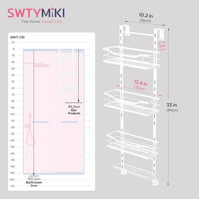 SWTYMIKI Over the Door Shower Caddy - 4 Tier Adjustable Shower Organizer Hanging with Soap Holder, No Drilling Stainless Steel Bathroom Rack Hanging for Body Wash, Shampoo, Soap, Razor, White - ModernBath