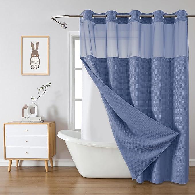 eachope MoonLightBlue Long No Hook Waffle Weave Shower Curtain with snap-in Liner Replacement, 230GSM Waterproof Fabric Hotel Shower Curtain Set for Bathroom, Through Mesh Top Window,71Wx80H - ModernBath