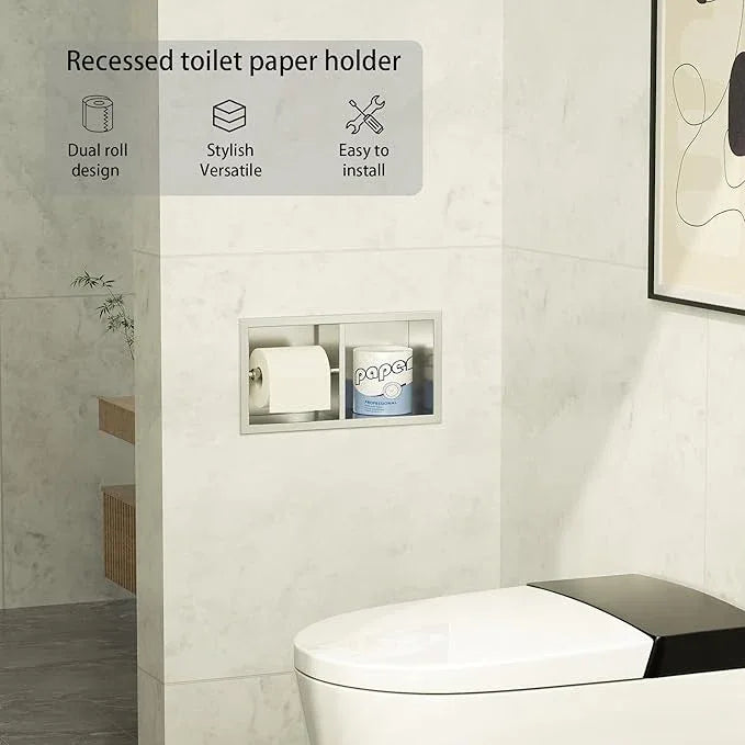 Neodrain Dual Roll Recessed Toilet Paper Holder - Brushed Nickel 304 Stainless Steel, Hidden in-Wall Space-Saving for Modern Bathroom Tissue Holder(Brushed) - ModernBath