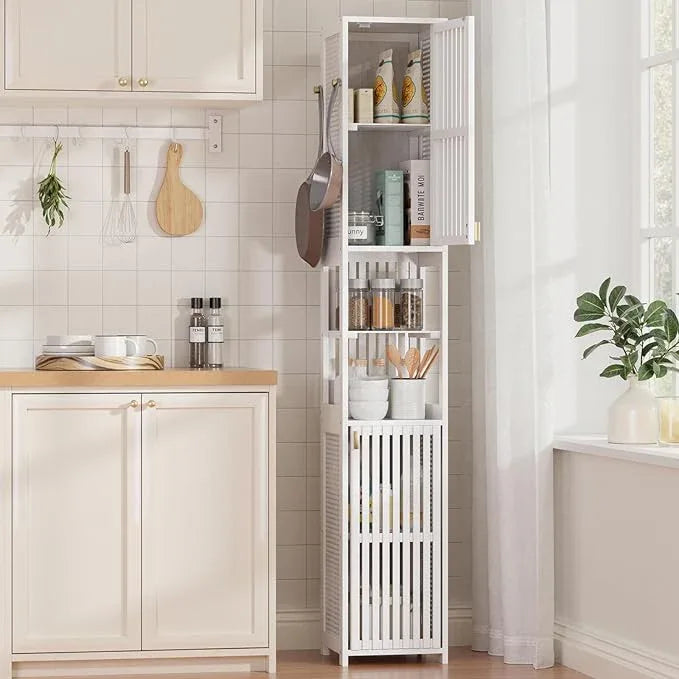 Amazer 70'' Tall Bathroom Storage Cabinet Bamboo, Slim Storage Cabinet with Rattan Door and Adjustable Shelves, Narrow Freestanding Organizer for Living Room Kitchen, White - ModernBath
