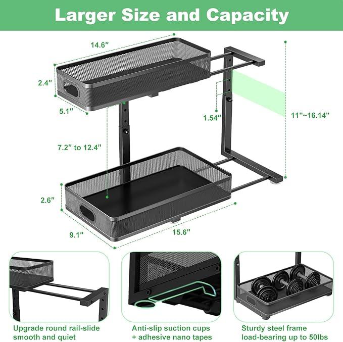Under Sink Organizer, High Adjustable 2 Tier Under Sink Organizers and Storage, Slide Out Metal Cabinet Organizers, Pull Out Sink Storage Drawer Shelf for Kitchen Bathroom Cabinet, Black, 2 Pack - ModernBath