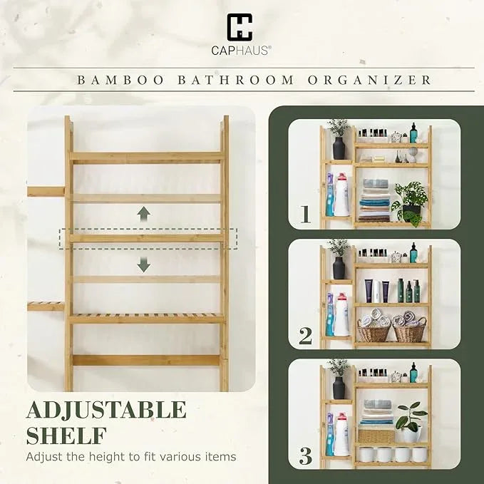 CAPHAUS Over -The -Toilet Storage Shelf,7-Tier Bamboo Bathroom Organizer Shelf Rack Over Toilet with Adjustable Feet & Hooks, Freestanding Toilet Shelf for Bathroom Laundry Balcony Plant Stand,Black - ModernBath