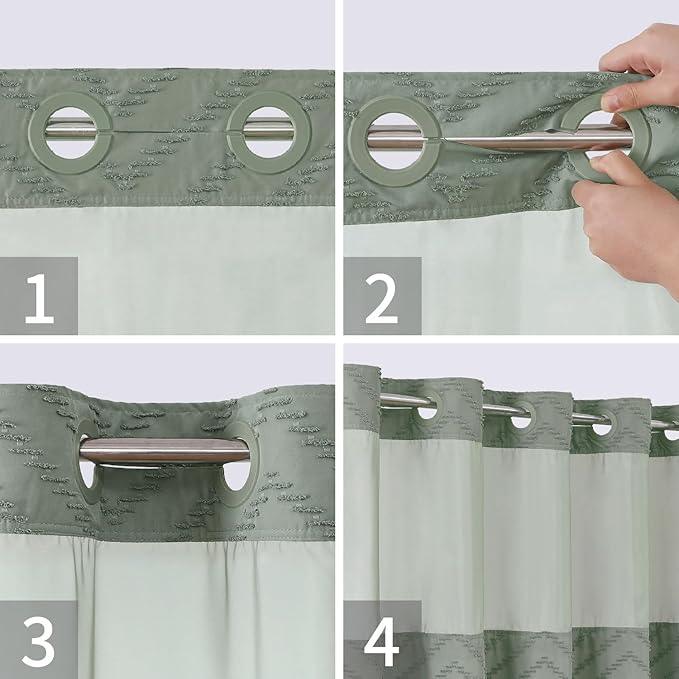 eachope Extra Long No Hook Tufted Chevron Striped Shower Curtain with Snap-in Fabric Liner set-71Wx86H(84H),Sage Green Hotel Grade Boho Style Shower Curtain,Water Repellent - ModernBath