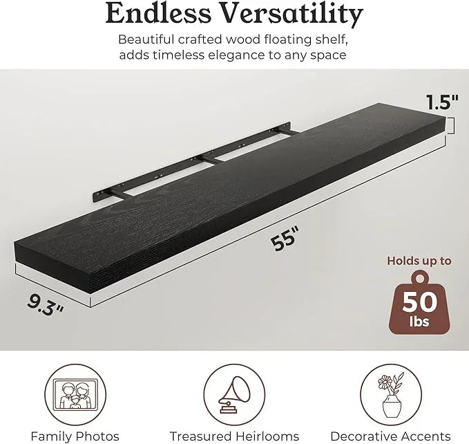 Floating Shelves for Wall, Wall Mounted Rustic Wood Shelves for Bathroom, Bedroom, Living Room, Kitchen, Hanging Shelf for Books/Storage/Room Decor (Black, 55") - ModernBath
