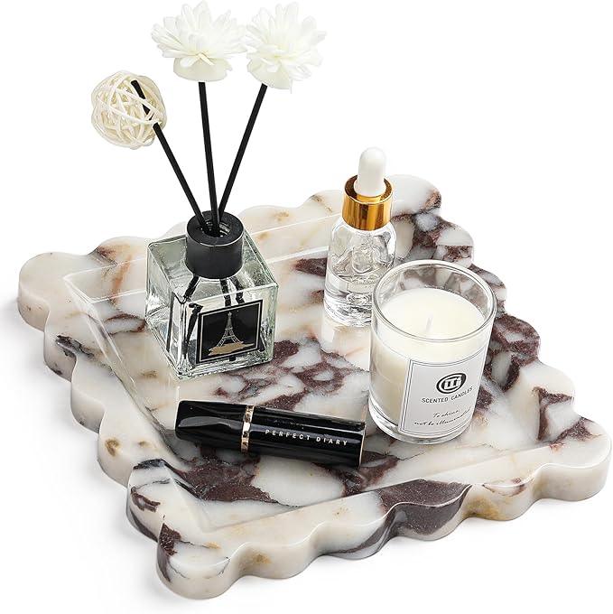Natural Marble Vanity Tray - Moujings Genuine Marble Perfume Tray for Bathroom Decor, Stone Bathroom Vanity Organizer Tray for Kitchen Counter, Candles, Jewelry, Coffee, Makeup, Key - ModernBath