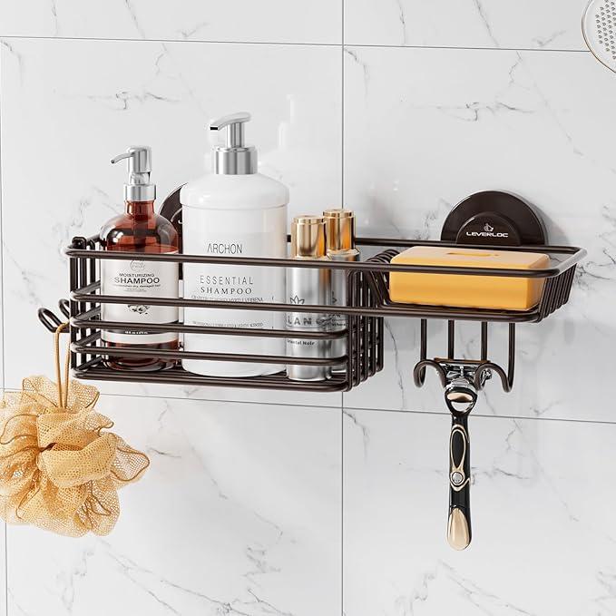 LEVERLOC Shower Caddy Suction Cup, Heavy Duty Bathroom Organizer for Inside Shower with Hooks & Soap holder， NO-Drilling Bathroom Holder-Brown - ModernBath