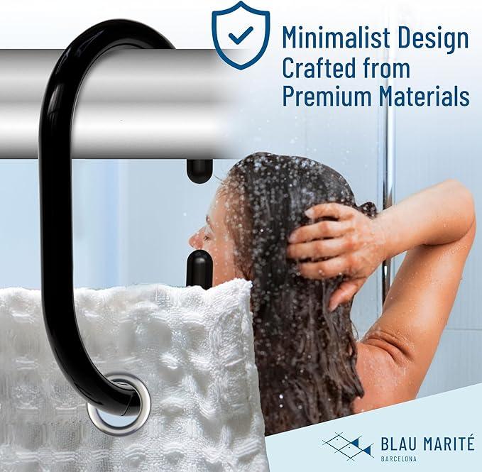 Blau Marité 12 Metal Shower Curtain Hooks, Rust-Proof Decorative C-Shaped Curtain Hooks for Bathroom, Black Shower Curtain Rings, Fits Rods Up to 1 Inch (C, Black) - ModernBath