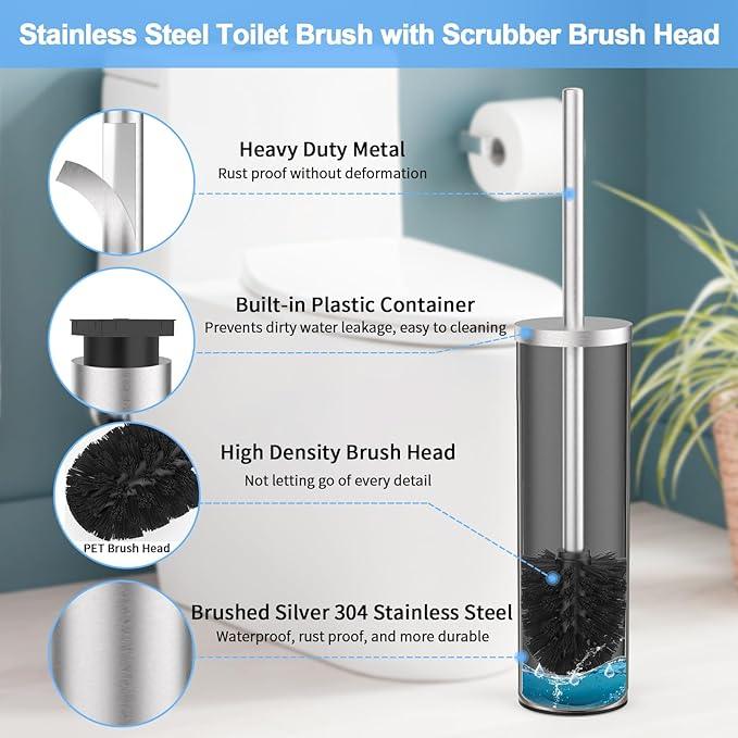 Stainless Steel Toilet Brush and Holder Set Brushed Silver Heavy Duty Toilet Bowl Brush with Long Handle for Bathroom and Farmhouse - ModernBath