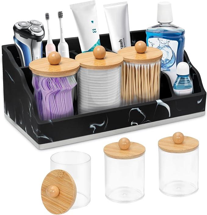 Bathroom Counter Organizer, Black Marble Toothbrush Holders for Bathrooms Organizer Countertop with 3PCS Qtip Holder, Toothbrush and Toothpaste Holder for Bathroom Organization Storage Vanity - ModernBath