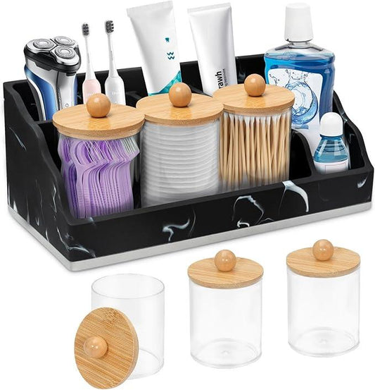 Bathroom Counter Organizer, Black Marble Toothbrush Holders for Bathrooms Organizer Countertop with 3PCS Qtip Holder, Toothbrush and Toothpaste Holder for Bathroom Organization Storage Vanity - ModernBath