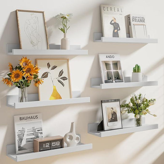 Heimlove Floating Shelves Set of 6, 24" Wall Mounted Picture Ledge, Display Shelf Organizer for Decor Storage, Wall Mounted Shelves for Living Room, Bedroom, Bathroom, Kitchen (White) - ModernBath