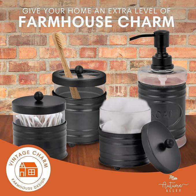 Autumn Alley Farmhouse Matte Black Bathroom Accessories Set (4 PCS) - Lotion Soap Dispenser, Black Toothbrush Holder Set, 2 Glass Apothecary Jars (Qtip Holder) - Rustic Bathroom Accessories Set - ModernBath
