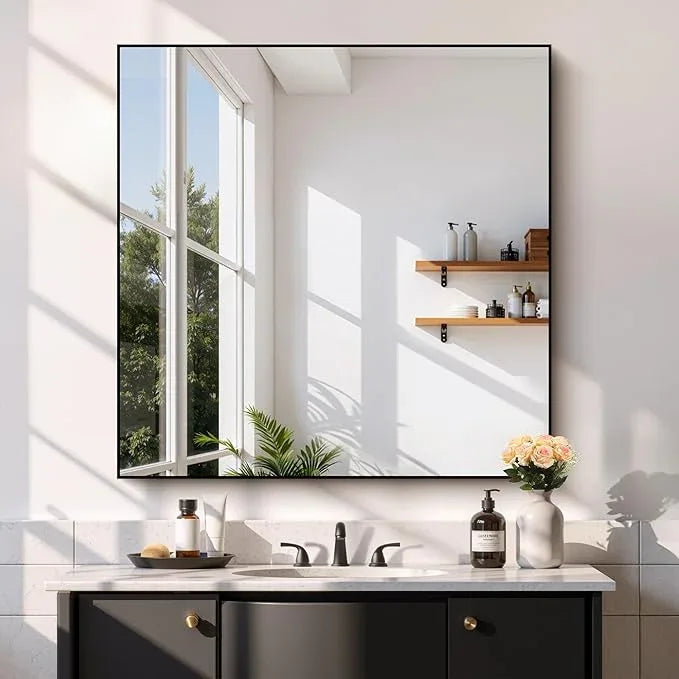 COFENY Black Bathroom Mirror for Wall, 39x39 Inch Rectangle Mirror with Metal Frame, Square Modern Vanity Mirrors for Bathroom Living Room, Entryway Hangs Horizontal or Vertical - ModernBath