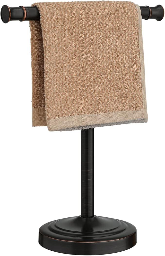 RUMOSE 13 Inch Oil Rubbed Bronze Towel Stand Hand Towel Holder Bathroom Kitchen Vanity Countertop T-Shape Towel Rack Free Standing Stainless Steel Towel Bar Towel Ring - ModernBath