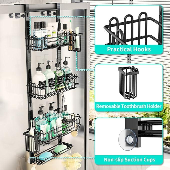 HapiRm 4 Tier Over the Door Shower Caddy, Hanging Shower Caddy with 22 Hooks and 2 Toothbrush Holders, No Drilling Adjustable Hanging Bathroom Organizer - Black - ModernBath