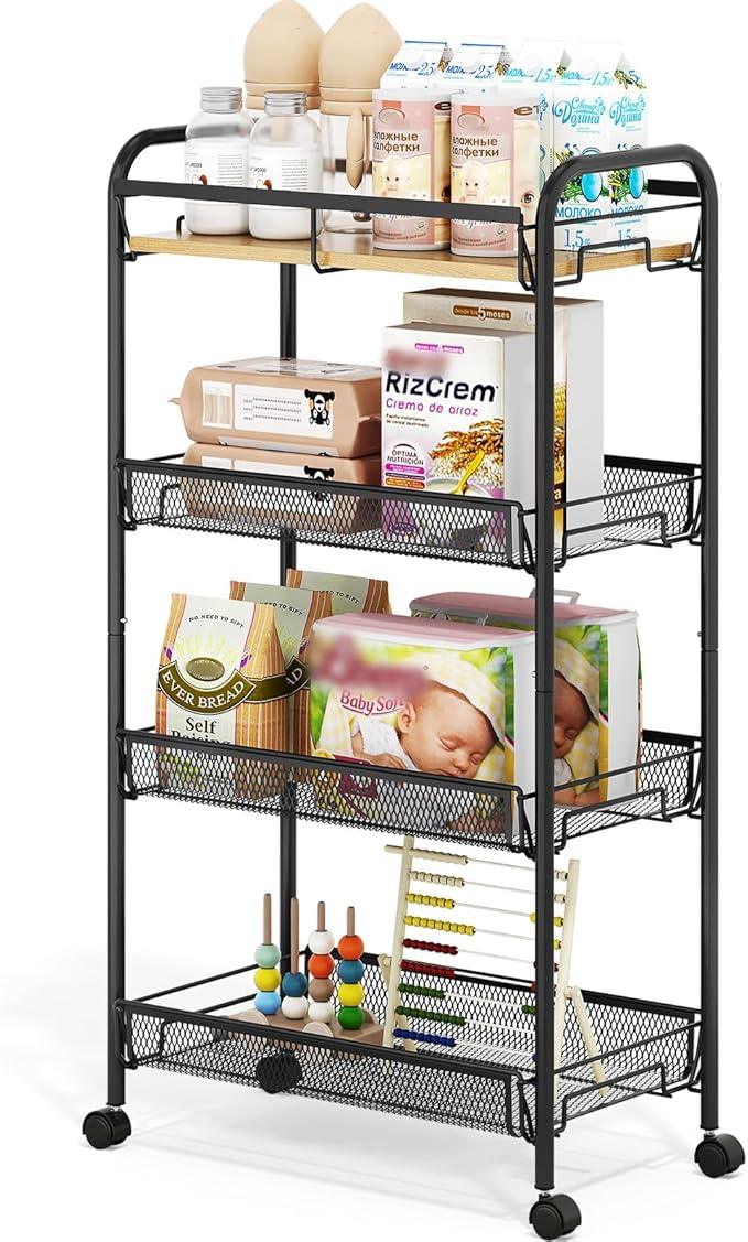 TOOLF 4-Tier Rolling Cart, Metal Utility Cart, Slide Out Storage Cart with Wooden Tabletop and Mesh Baskets, Easy Assemble Trolley for Kitchen Bathroom Laundry Room Bedroom Apartments Dormitory - ModernBath