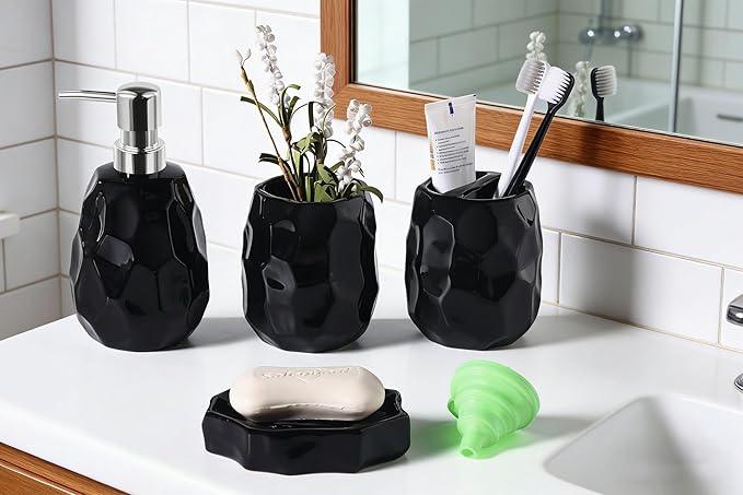 Ceramic Bathroom Accessories Set 4 PCS,Bathroom Toothbrush Holder Set,Soap and Toothbrush Holder Set,Include Toothbrush Holder,Soap Dispenser,Soap Dish,Tumbler,Bathroom Sets Decor Organizer (Black) - ModernBath