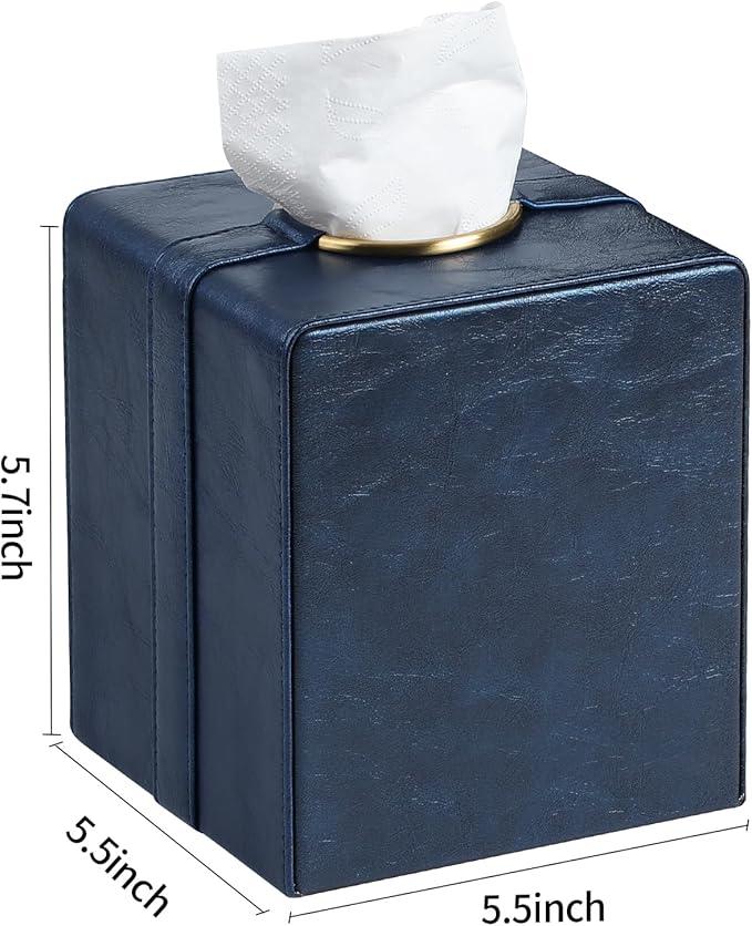 Cretkhp Luxury Square Tissue Box Cover, PU Leather Tissue Box Holder with Magnetic Closure and Gold Decorative Grommets for Bathroom Bedroom, Decorative Elegant Cube Tissue Holder (Blue) - ModernBath
