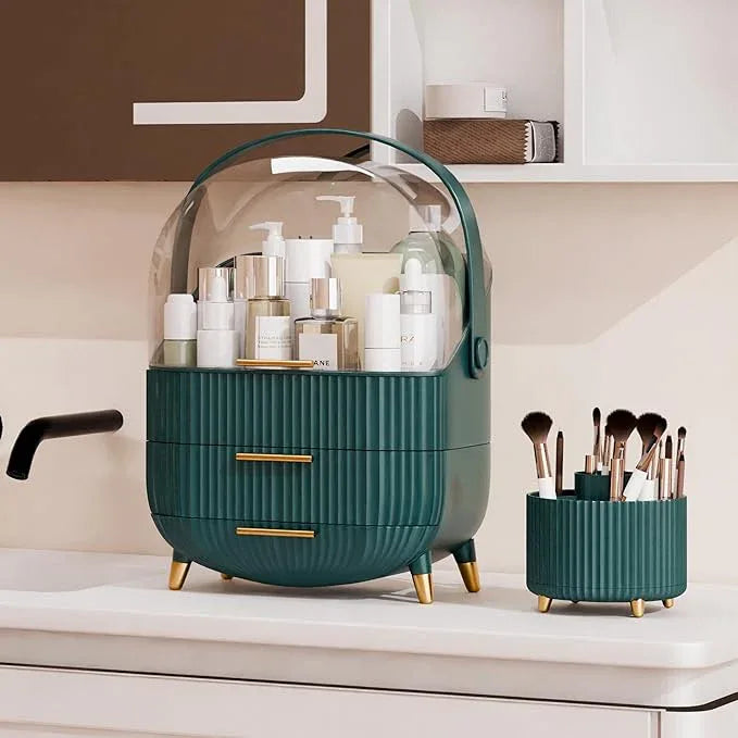lurcns Makeup Organizers and Storage Make up Organizer for Vanity Cosmetics Skincare With Lid and Drawers Display Cases for Countertop Bathroom Women Teenager Girl Gifts(Dark Green+Brush Holder) - ModernBath