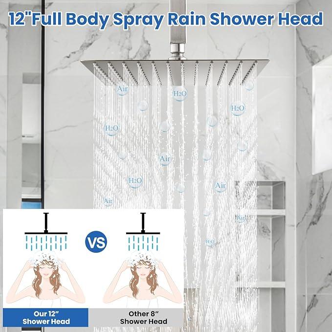 Airuida Shower Faucet Set and Handle Set Single Function Shower Trim Kit Ceiling Mount Rainfall Shower System with Male Threads and Rough-in Valve 12 Inch Square Shower Head Brushed Nickel - ModernBath