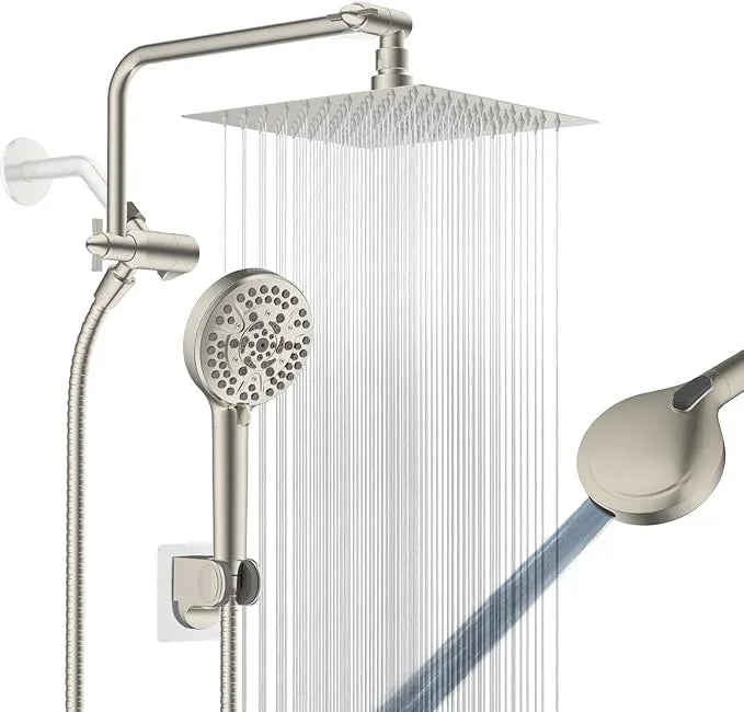 All Metal Shower Head, 8" High Pressure Rainfall/Handheld Shower Combo with 11" Extension Arm, 10-Spray Handheld Showerhead, 71" Long Hose, 3-Way Diverter Valve, Brushed Nickel - ModernBath