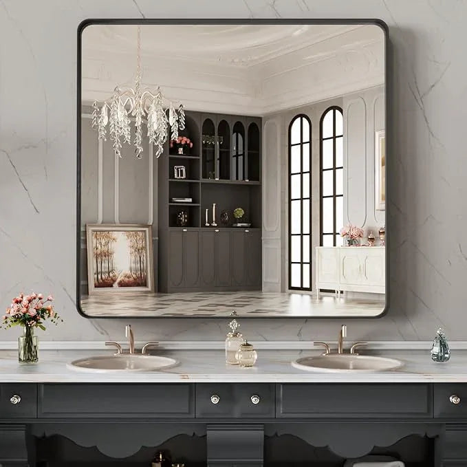 LOAAO 32X32 Inch Black Metal Framed Bathroom Mirror for Wall, Matte Black Bathroom Vanity Mirror Farmhouse, Anti-Rust, Hangs Horizontally or Vertically - ModernBath