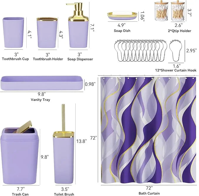 XLHOMO Purple Bathroom Accessories, Bathroom Sets with Stripe Shower Curtain, Purple and Gold Bathroom Accessories Set with Trash Can, Soap Dispenser, Soap Dish, Qtip Holders for Bathroom - ModernBath