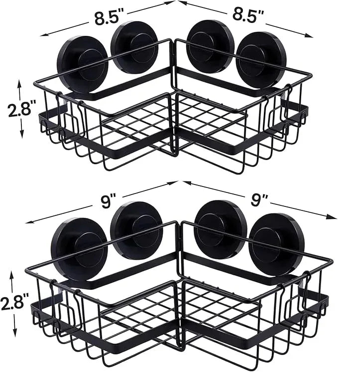 LEVERLOC 2 Pack Corner-adaptive Suction Cup Shower Caddies, Drill-Free Wall Mounted Basket, Stainless Steel Rustproof Corner Shower Shelf, Large Capacity Removable Suction Bathroom Organizer, Black - ModernBath
