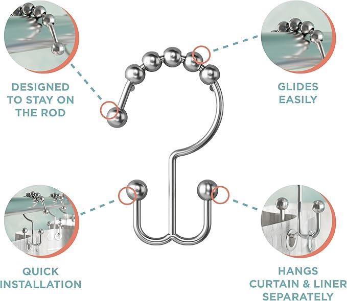 Maytex Shower Curtain Hooks, Shower Curtain Rings, Rust-Resistant Decorative Double Roller Glide Shower Hooks, Shower Rings for Bathroom Shower Rods, Curtains, Liners, Set of 12, Brushed Nickel - ModernBath