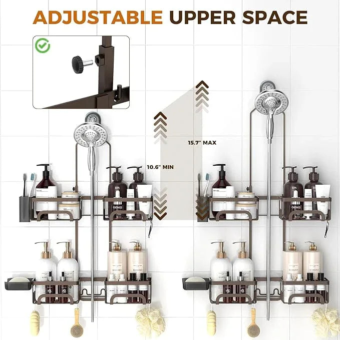 REINHARDT Shower Caddy Hanging for Handheld Showerheads Adjustable Split Shower Caddy, Rustproof Shower Organizer with Hooks for Razor Over the Head Caddy with Soap Holder Bathroom Accessories, Bronze - ModernBath