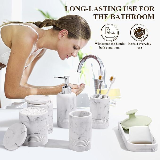 Bathroom Accessories Set, 6-Piece Bathroom Accessory Set, Toothbrush Holders Set, Soap Dispenser, Vanity Tray, Tumbler, Cotton Swab Jars, Bathroom Organizer for Modern Bathrooms (Marble White) - ModernBath