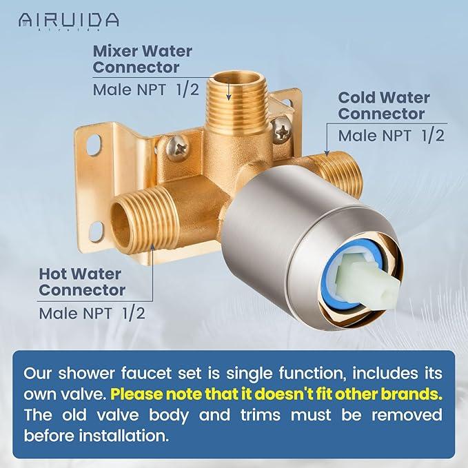 Airuida Shower Faucet Set Bathroom Rain Shower System SUS304 Stainless Steel Single Handle With Male Threads Rough-in Valve Shower Trim Kit 8 Inch Wall Mount Shower Head Brushed Nickel - ModernBath