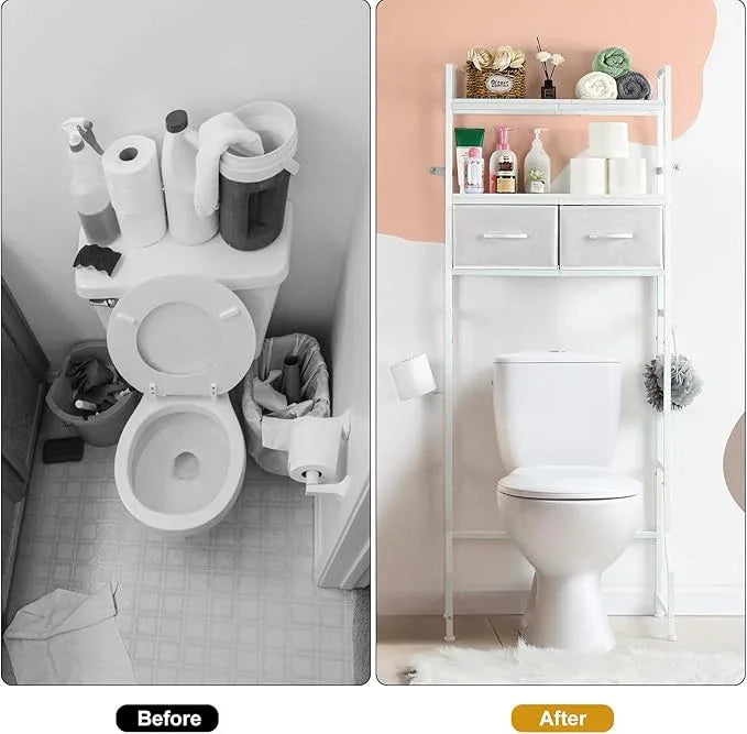 YBING Over The Toilet Storage Cabinet, Over Toilet Bathroom Organizer with Drawer, Above Toilet Stand with Roll Holder and Hooks, Over Toilet Storage Shelf Cabinet, Wooden, White - ModernBath