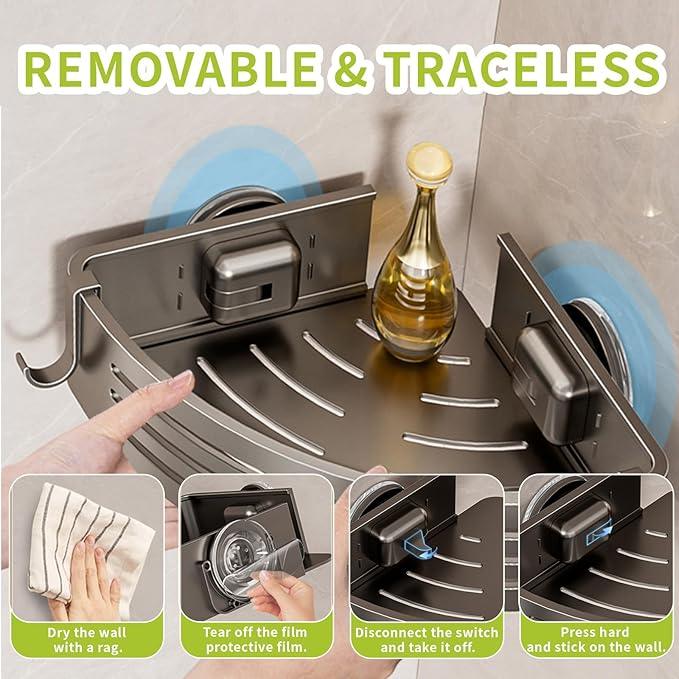 Shower Caddy Suction Cup, No Drilling Rustproof Bathroom Shower Shelf,Hanging Corner Shower Shelves with 6 Portable Hooks, Removable Bath Organizer with Towel Bar for Bathroom Storage(Gray) - ModernBath