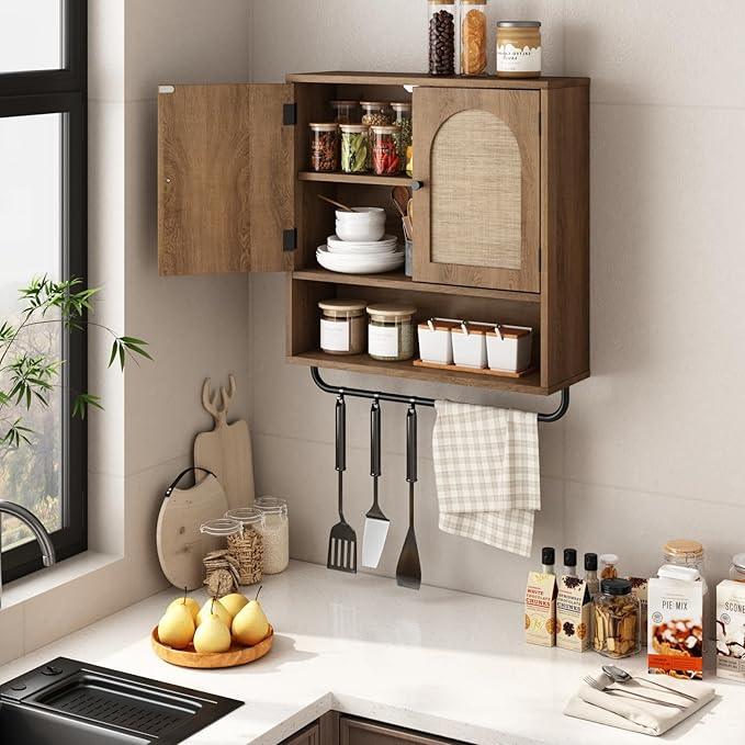 RUSTOWN Rattan Bathroom Wall Cabinet, Boho Medicine Cabinet with 2 Arched Doors, Farmhouse Over The Toilet Storage Cabinets with Adjustable Shelves & Towel Bar, 3-Tier Wall Mounted Cabinets - ModernBath