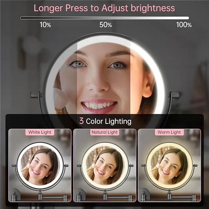 FUNTOUCH Rechargeable Wall Mounted Lighted Makeup Vanity Mirror 8 Inch Double Sided 1X 30X Magnifying Bathroom Mirror, 3 Color Lighting, Touch Dimming, Extended Arm 360 Rotation Light up Mirror Black - ModernBath