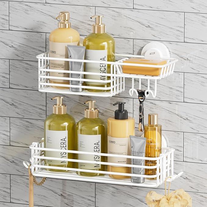 TAILI Shower Caddy Suction Cup 2 Pack with Hooks & Soap Holder, Heavy Duty Shower Organizer for Bathroom, No Drilling Bathroom Organizer with Large Capacity, Metal Storage Basket-White - ModernBath