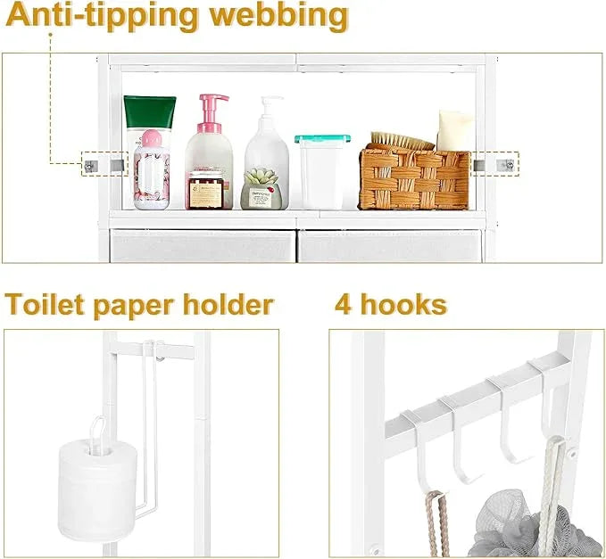 YBING Over The Toilet Storage Cabinet, Over Toilet Bathroom Organizer with Drawer, Above Toilet Stand with Roll Holder and Hooks, Over Toilet Storage Shelf Cabinet, Wooden, White - ModernBath