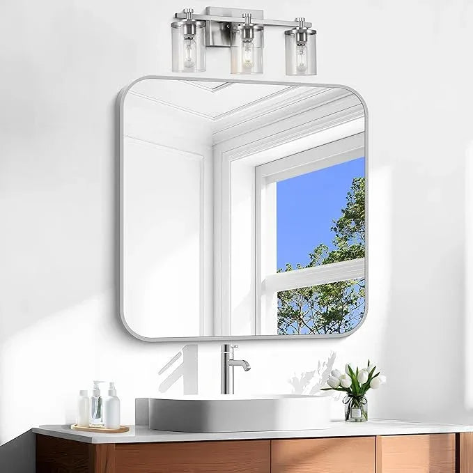 CIVENO Silver Bathroom Mirror, 30 x 30 Inch Silver Square Mirror, Metal Framed Rectangular Vanity Mirror, Rounded Corner Wall Mounted Mirror for Living Room Bedroom Entryway Hangs Horizontal/Vertical - ModernBath