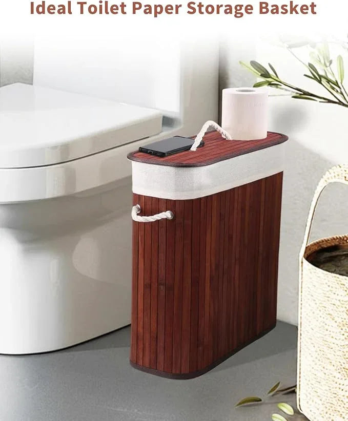 Bamboo Toilet Paper Storage with Lid & Handel, 8 Gallons (30L), Sturdy Toilet Paper Basket, Organizer for Bathroom, Kitchen, Holder with Storage, Brown - ModernBath